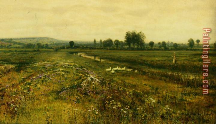 John Atkinson Grimshaw An Extensive Meadow Landscape with Geese by a Stream